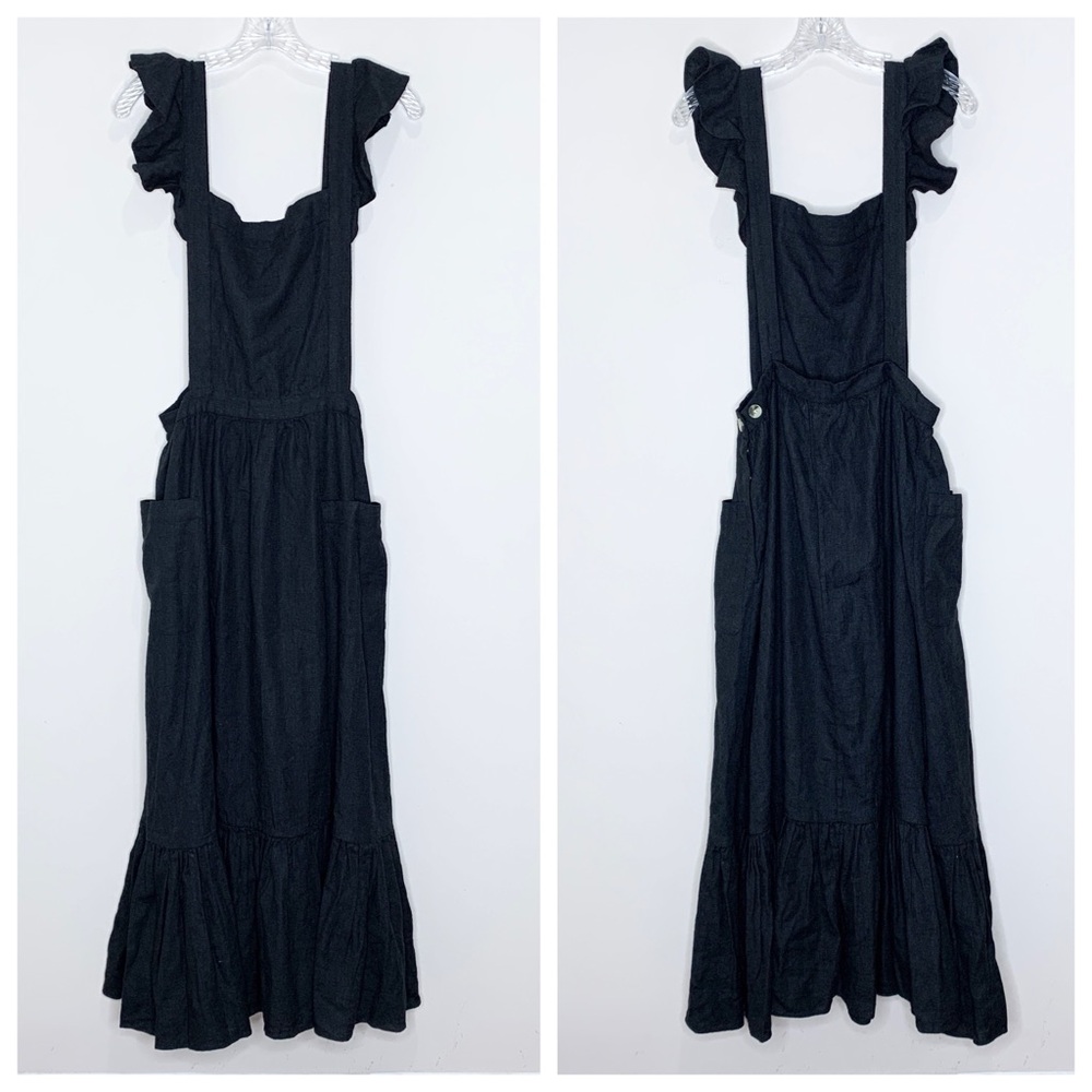 NEW Doen Peninsula Pinafore Dress (Sz L) Silk Linen Ruffle Apron Bib Maxi Black - Picture 3 of 16